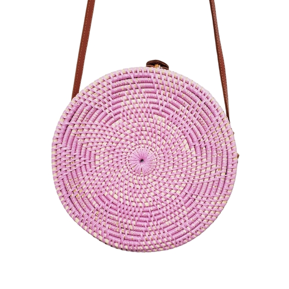 Pink Haley Pink Rattan Circle Basket Crossbody With Leather Strap Bag Size OS - Picture 5 of 9